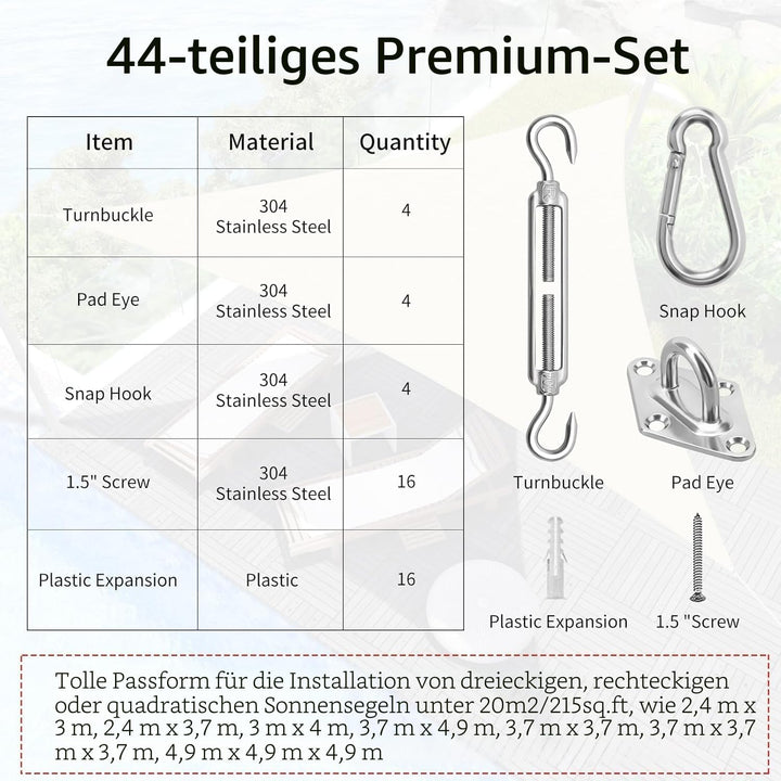M6 Sonnensegel Befestigungsset, Robustes sonnensegel Edelstahl, Hardware-Kit für Dreieck und Quadrat