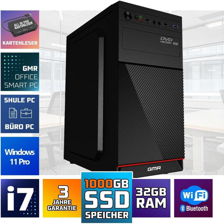 Desktop PC Mit Windows 11 Pro, Intel Core i7, 32GB RAM, 1024GB NVME SSD, 250 Watt Stromversorgung, H