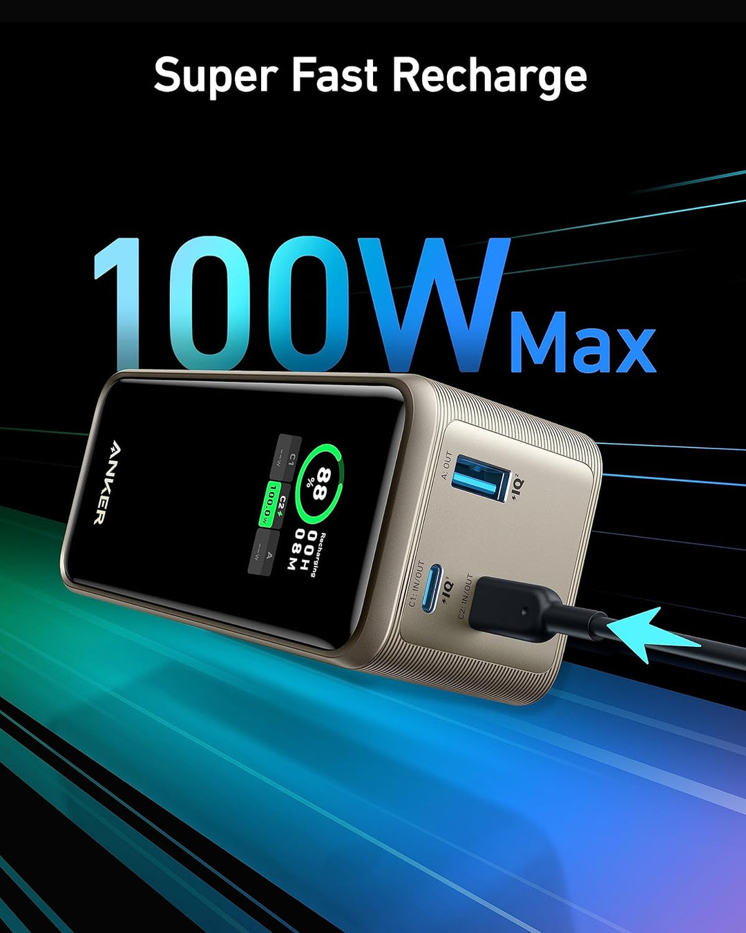 Anker Prime Powerbank, 20.000mAh externer Akku mit 200W Leistung, Digitales Display, 2X USB-C und 1x