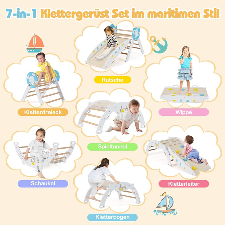 COSTWAY Klettergerüst Indoor 3er Set, klappabres Kletterdreieck mit Rutsche, Kletterbogen, inkl. dop