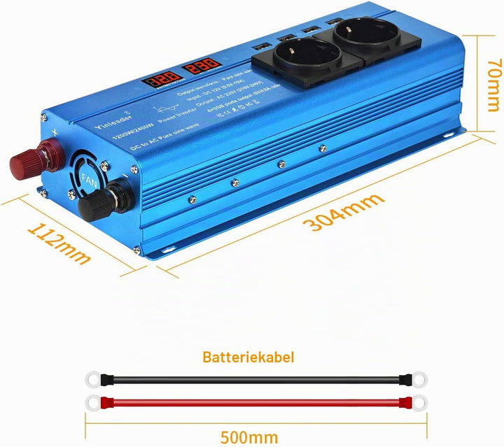 Yinleader Wechselrichter 12V 230V 1200W / 2400W Reiner Sinus-Spannungswandler 2 Steckdosen und 4 USB