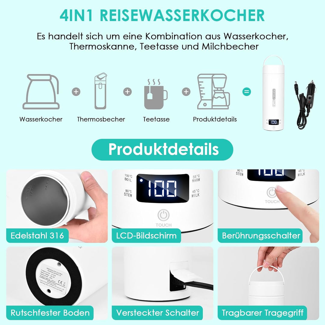 Dreamhigh® Reisewasserkocher, 500ml Mini Wasserkocher, 96W Wasserkocher Klein aus Edelstahl, Auto Wa