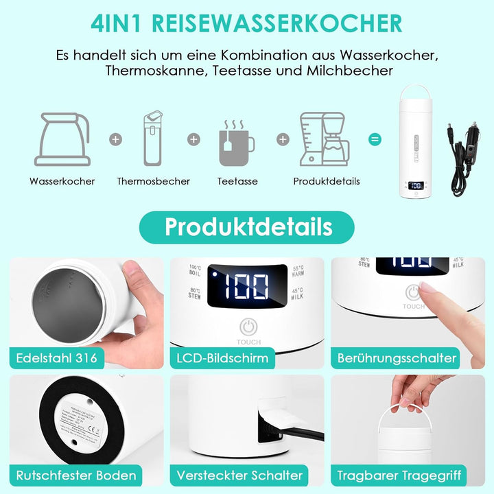 Dreamhigh® Reisewasserkocher, 500ml Mini Wasserkocher, 96W Wasserkocher Klein aus Edelstahl, Auto Wa