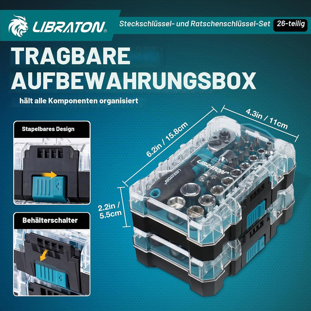 LIBRATON 26-tlg. 1/4 Zoll Ratschenkasten Mini Steckschlüsselsatz mit Bits, 4-14mm Stecknuss, Antrieb