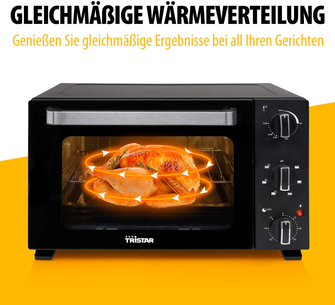 Tristar Heissluftofen, 27L Kapazität, 1500W, 6 Heizarten, Umluftfunktion, 90 Min Timer, 90–230 °C Th