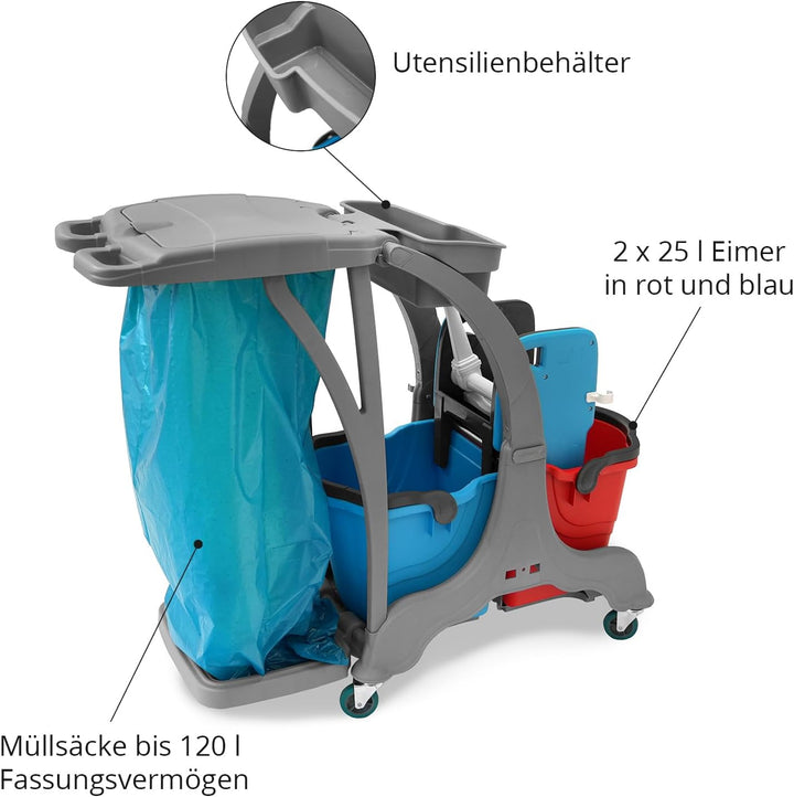Hypafol Putzwagen Reinigungswagen Set | 2 x 25 l Eimer mit Wischmopp-Presse &amp; Kehrgarnitur | 2X 40cm