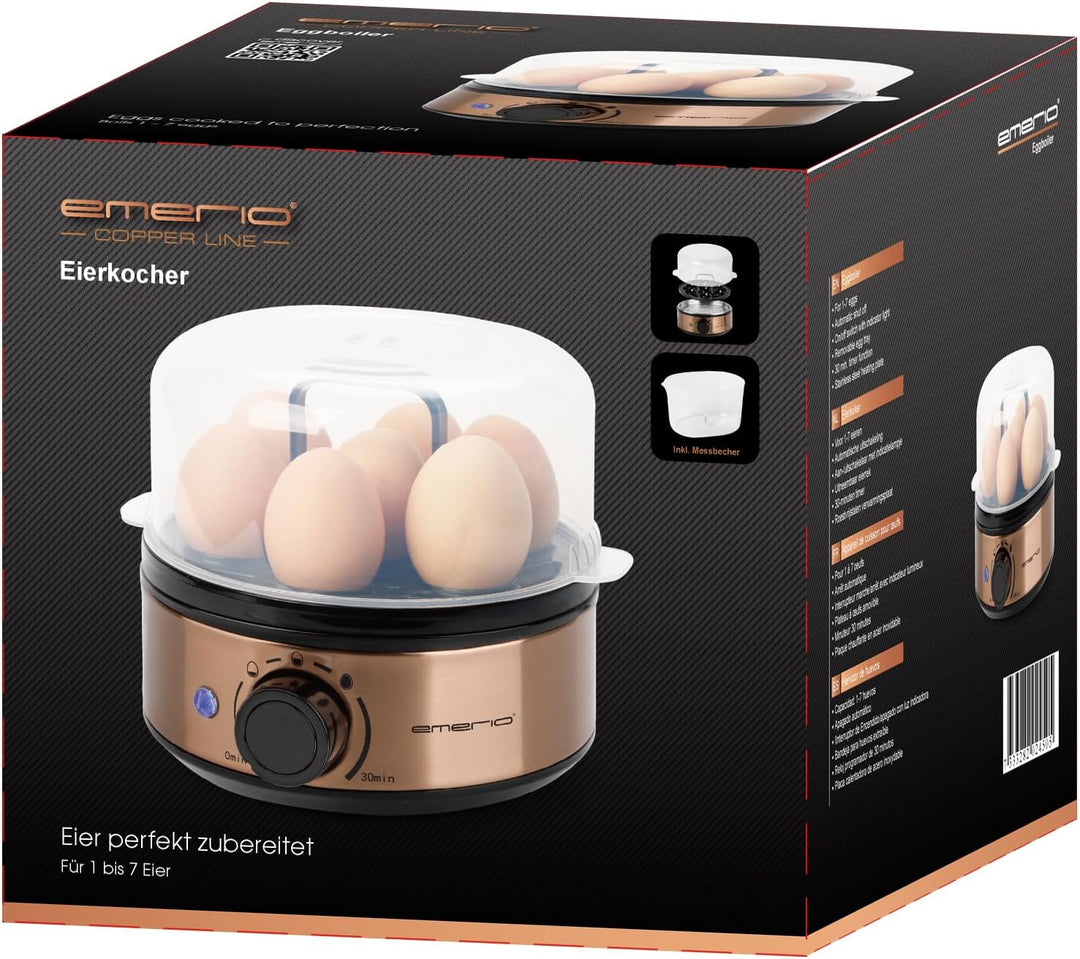 EMERIO elektrischer Eierkocher für 1-7 Eier | Kupfer Edition | manuelle Härtegradeinstellung/Timer |