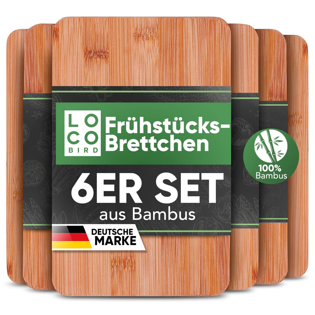 Loco Bird Frühstücksbrettchen Holz 6Set - Schneidebrett Holz 22x14cm - Brettchen aus Bambus für Grav