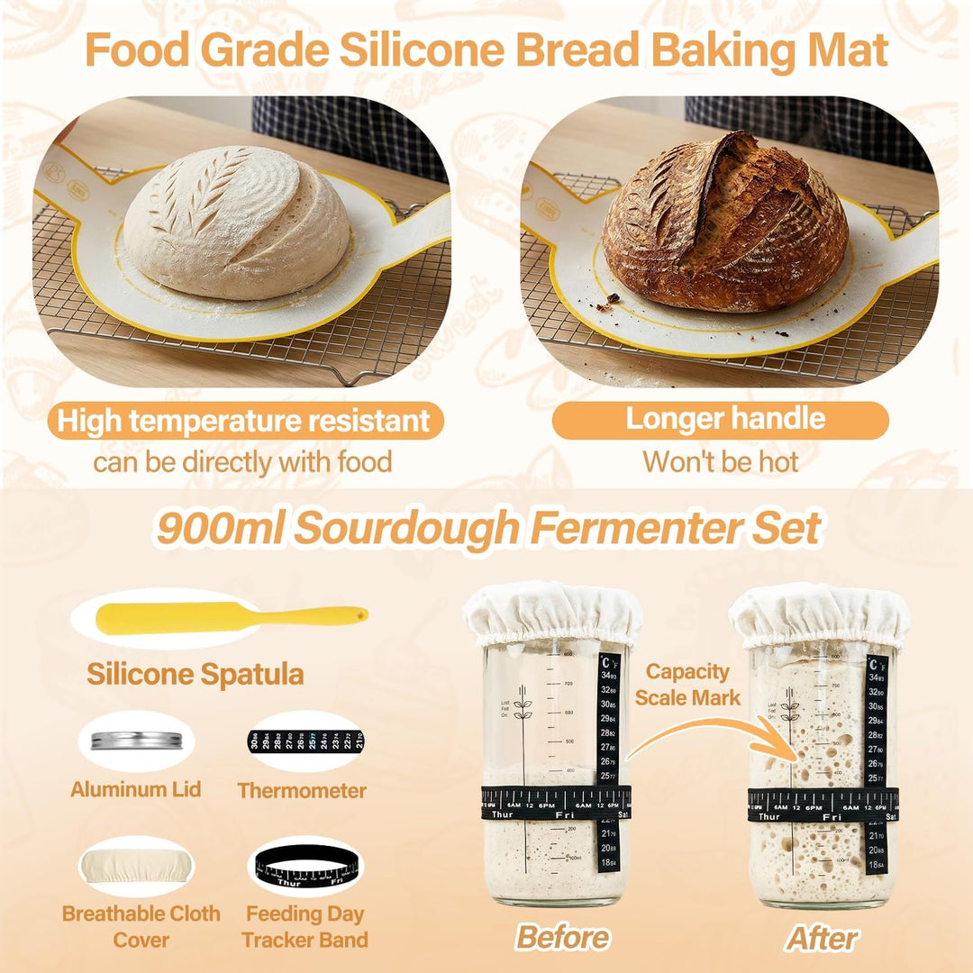 Gärkörbchen Für Sauerteig Starter Set, 2 Gärkorb Brot(23cm rund & 25cm oval), 900ml Sauerteig Glas S