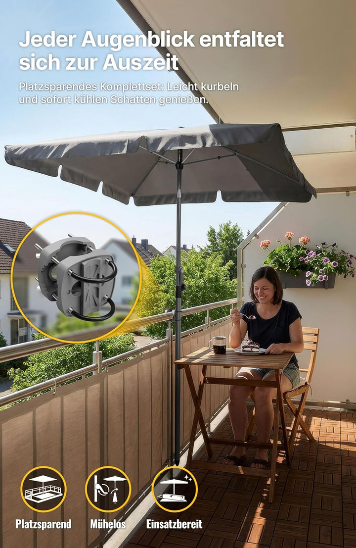 4smile SunnyShade Sonnenschirm Balkon mit Halterung im 3-er-Set, UV 50+, 200x125 cm, Anthrazit, für