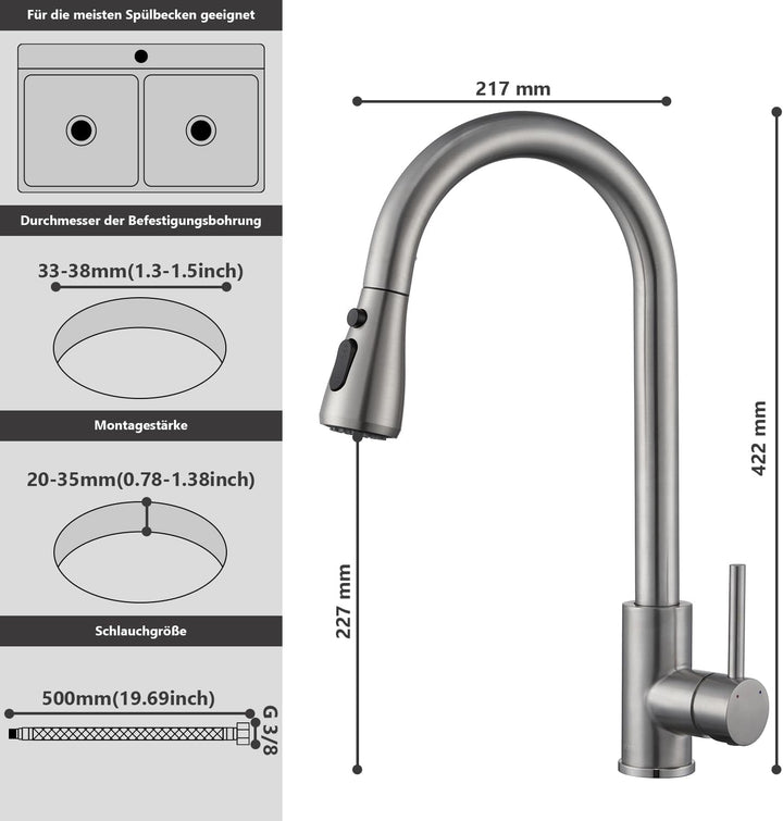 Wasserhahn Küche Ausziehbar – Hochdruck Einhebel Mischbatterie Küche mit 3 Strahlarten, 360° drehbar