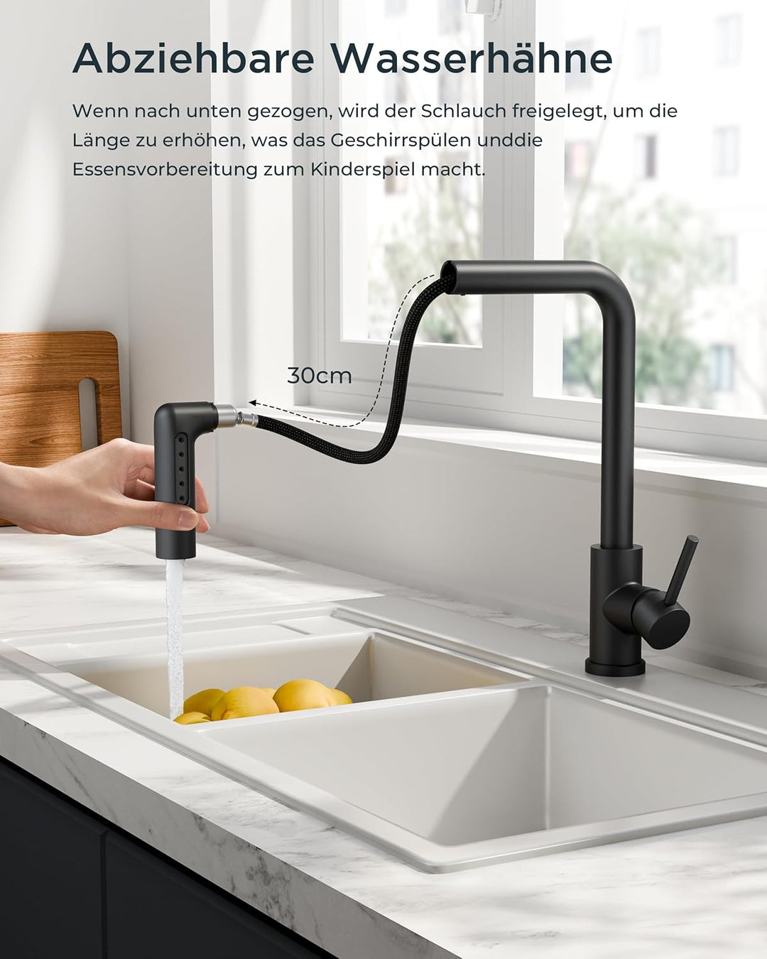FORIOUS Wasserhahn Küche Schwarz, Küchenarmatur Ausziehbar, Spültischarmatur Küche mit 5 Sprühmodi,