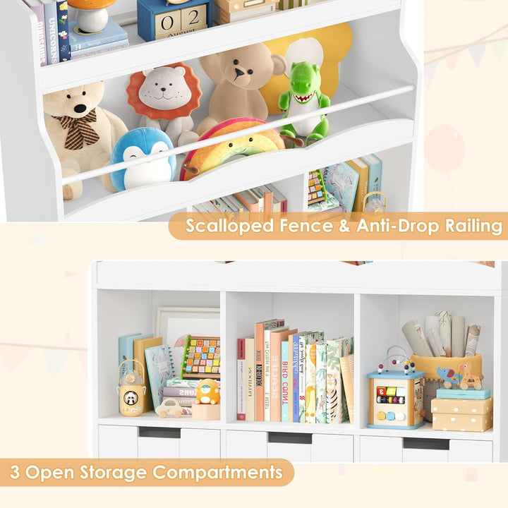 HOCSOK 110cm Kinderregal mit Boxen auf Rollen, Kinderbücherregal mit 4 Ablagefächern, Spielzeugregal