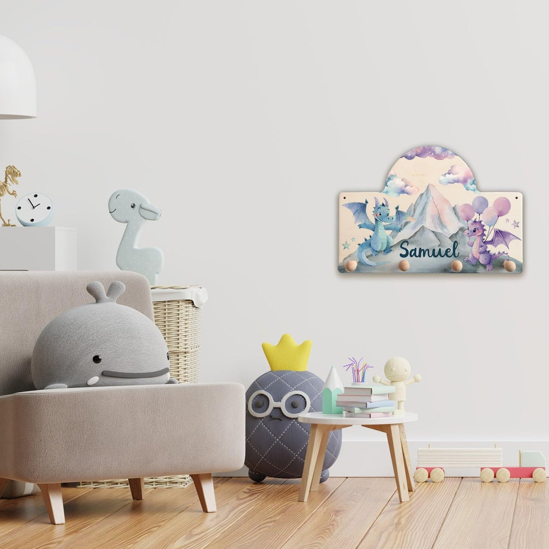 GRAVURZEILE Personalisierte Kindergarderobe - Drache - Personalisiert mit Name - Garderobe aus Holz