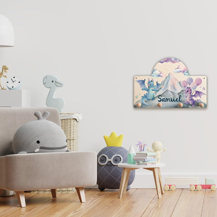 GRAVURZEILE Personalisierte Kindergarderobe - Drache - Personalisiert mit Name - Garderobe aus Holz