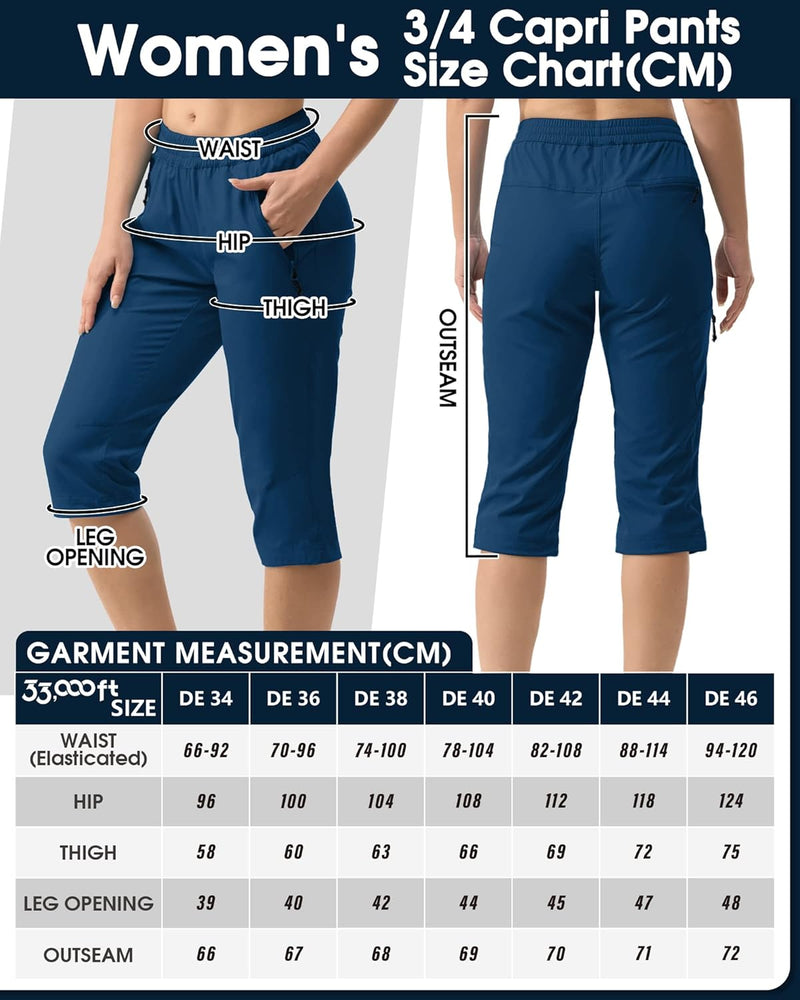 33,000ft Damen 3/4 Hose Capri Wanderhose Stretch Leichte Radhose Taschen Sommer Outdoor Golf Hose 40