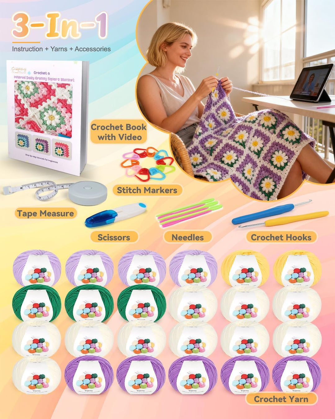Coopay Granny Square Häkelset für Anfänger, Häkel Set für Gänseblümchen Decke 3D, Komplett Häkelset