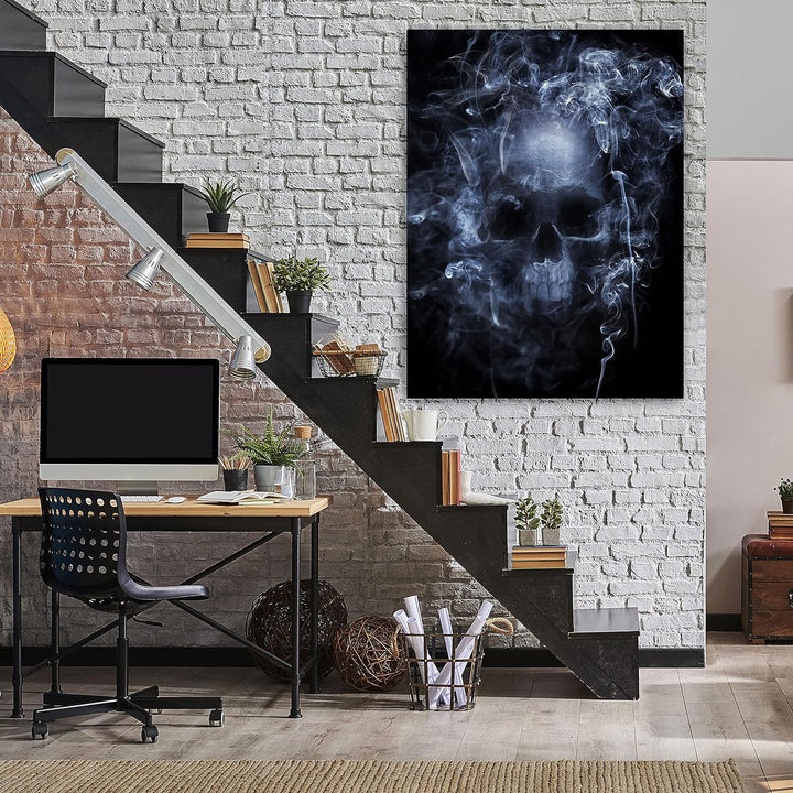 wandmotiv24 Totenkopf Wandbild aus Acrylglas, Grösse 80x60cm, Hochformat, Schädel im Rauch, Schwarz,
