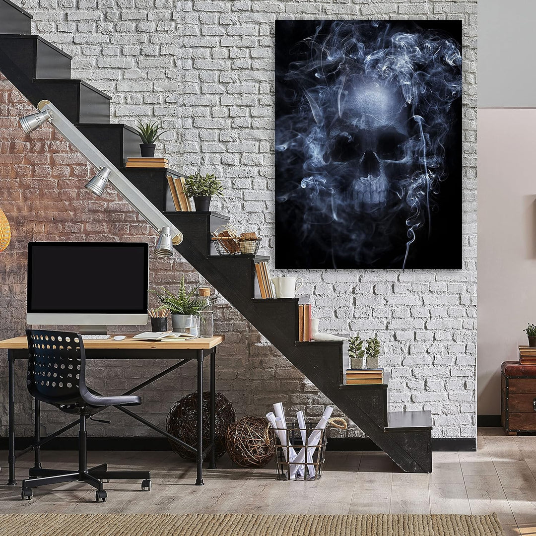 wandmotiv24 Totenkopf Wandbild aus Acrylglas, Grösse 100x75cm, Hochformat, Schädel im Rauch, Schwarz