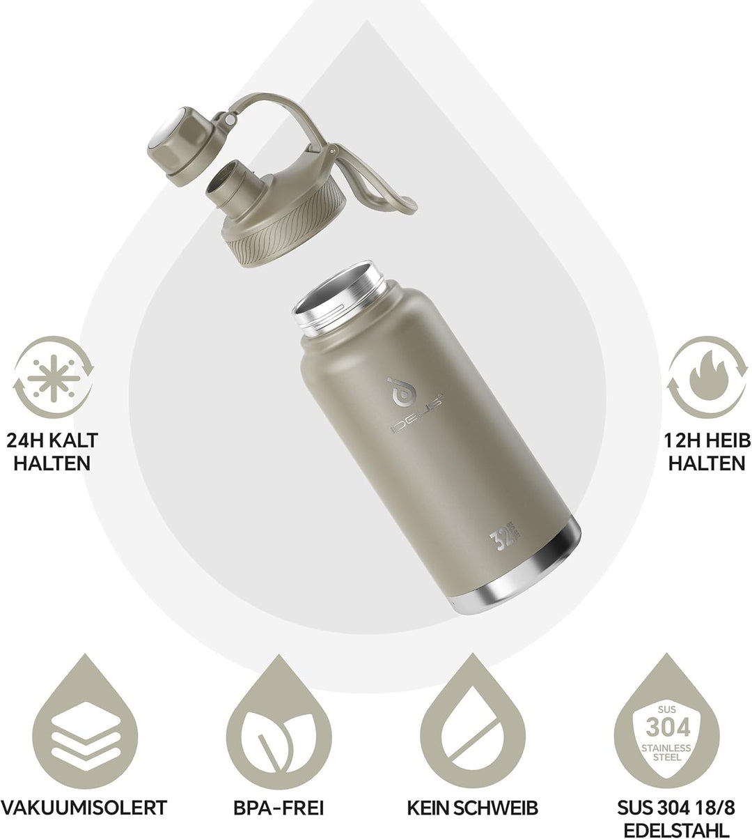 IDEUS Vakuumisolierte Wasserflasche, 32oz (950ml) Edelstahl Doppelwand Flasche Metall Sport Kantine