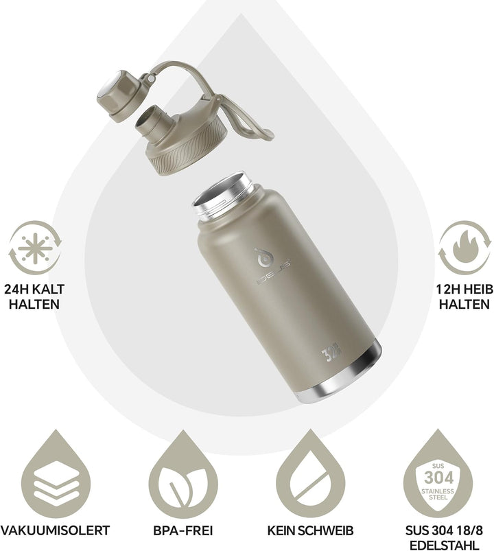 IDEUS Vakuumisolierte Wasserflasche, 32oz (950ml) Edelstahl Doppelwand Flasche Metall Sport Kantine