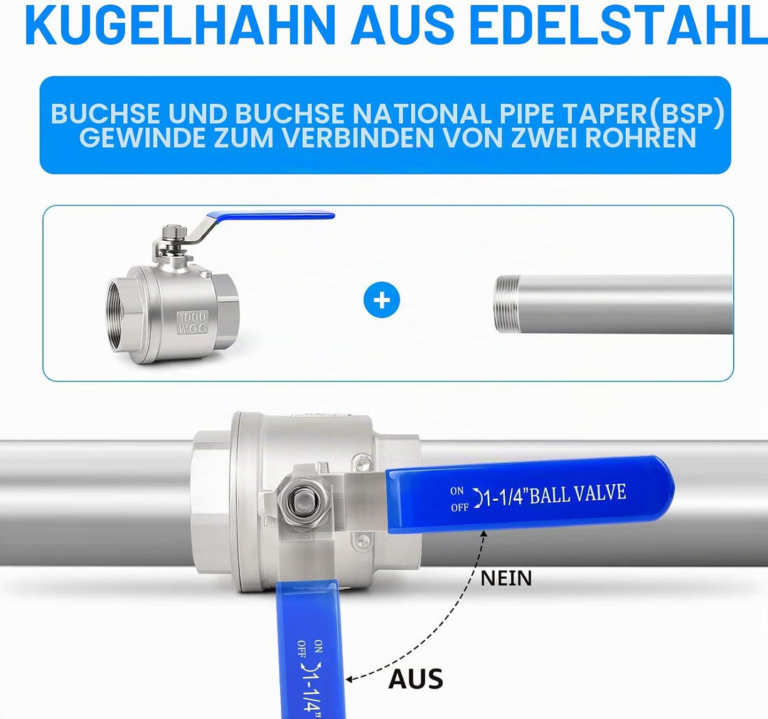 ERGAOBOY 1 Stück 1-1/4" BSP-Innengewinde Hochleistungs-Kugelhahn mit vollem Durchgang aus Edelstahl