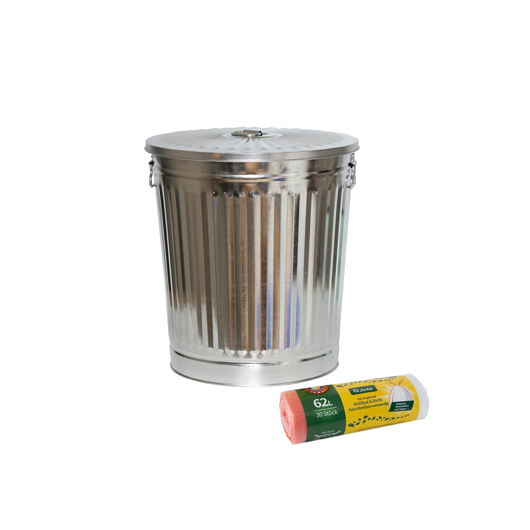 Jinfa 1 Retrodesign Metalleimer mit Griffen und Deckel + 30 Müllbeutel | Zink | 62L 1 Mülleimer 62L