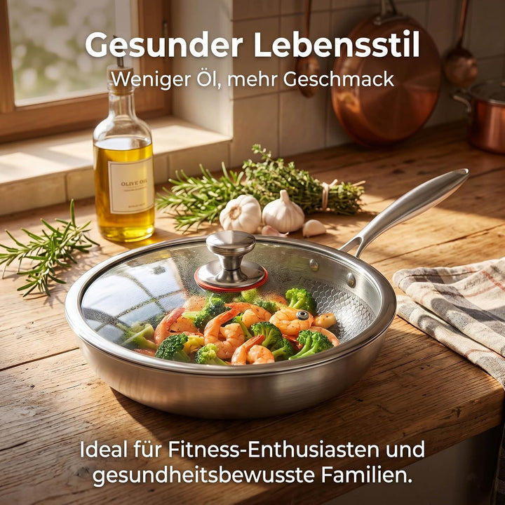 Titan Pfanne 28 cm mit Deckel, Unbeschichtete Titan Bratpfanne mit Gehämmertem Design, Kratzfeste Ph