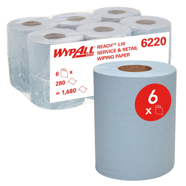 WypAll L10 Papier-Reinigungstücher für Service u. Einzelhandel 6220 – 1-lagige blaue Rolle mit Zentr