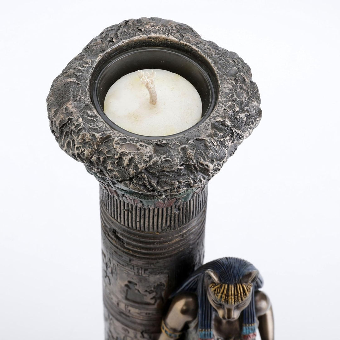 Zeckos gyptische göttin bastet auf s?ule lehnend statue Bronze 10 3/4 Inches Tall