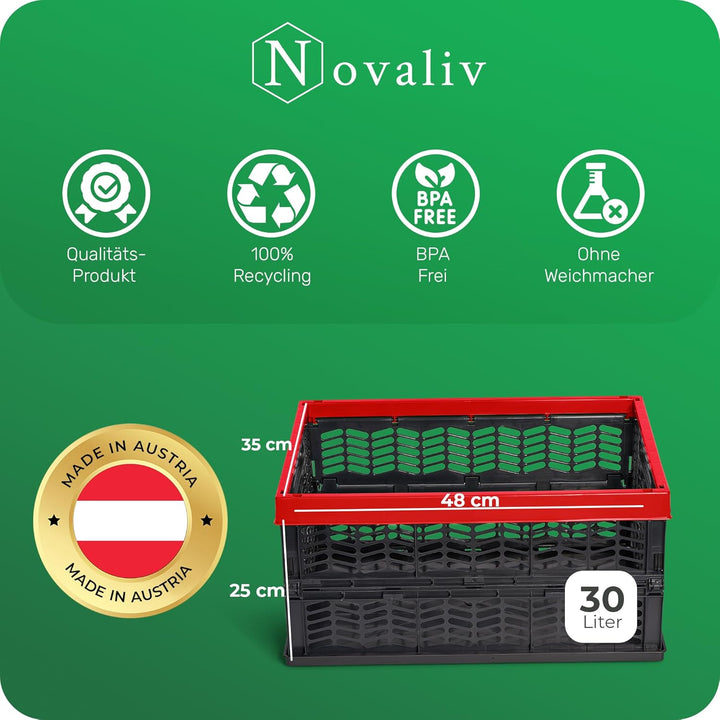Novaliv Klappboxen faltbar stabil 8x 30L Rot Schwarz baskets Einkaufskiste Klappkisten Set Tragebox