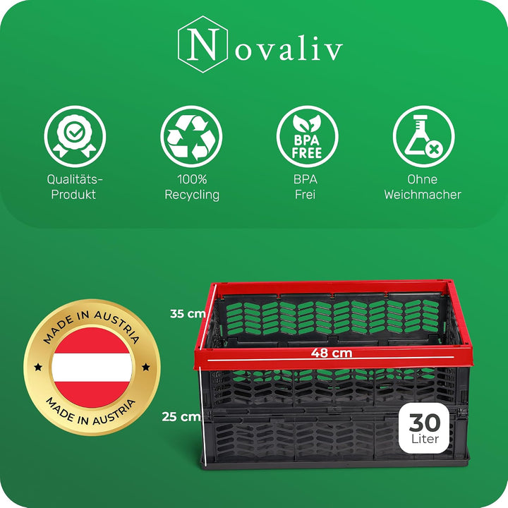 Novaliv Klappboxen faltbar stabil 4x 30L Rot Schwarz baskets Einkaufskiste Klappkisten Set Tragebox