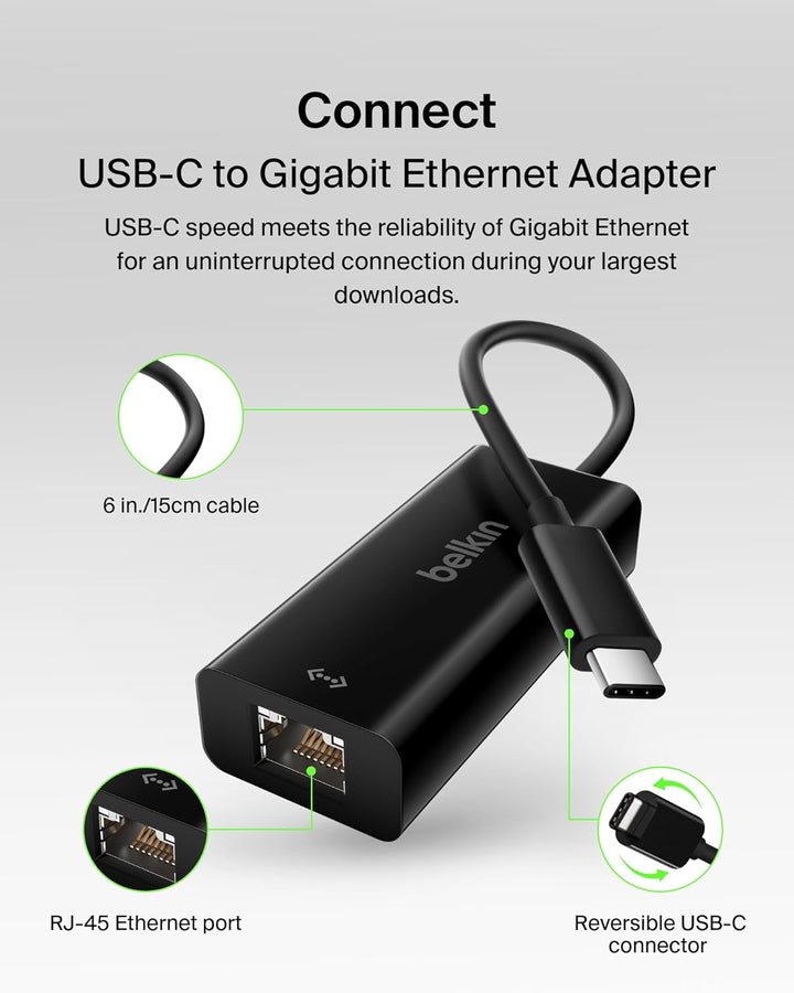 Belkin USB-C auf Gigabit Ethernet Adapter (15cm, USB-C Stecker, RJ45-Buchse, unterstützt 10/100/1000