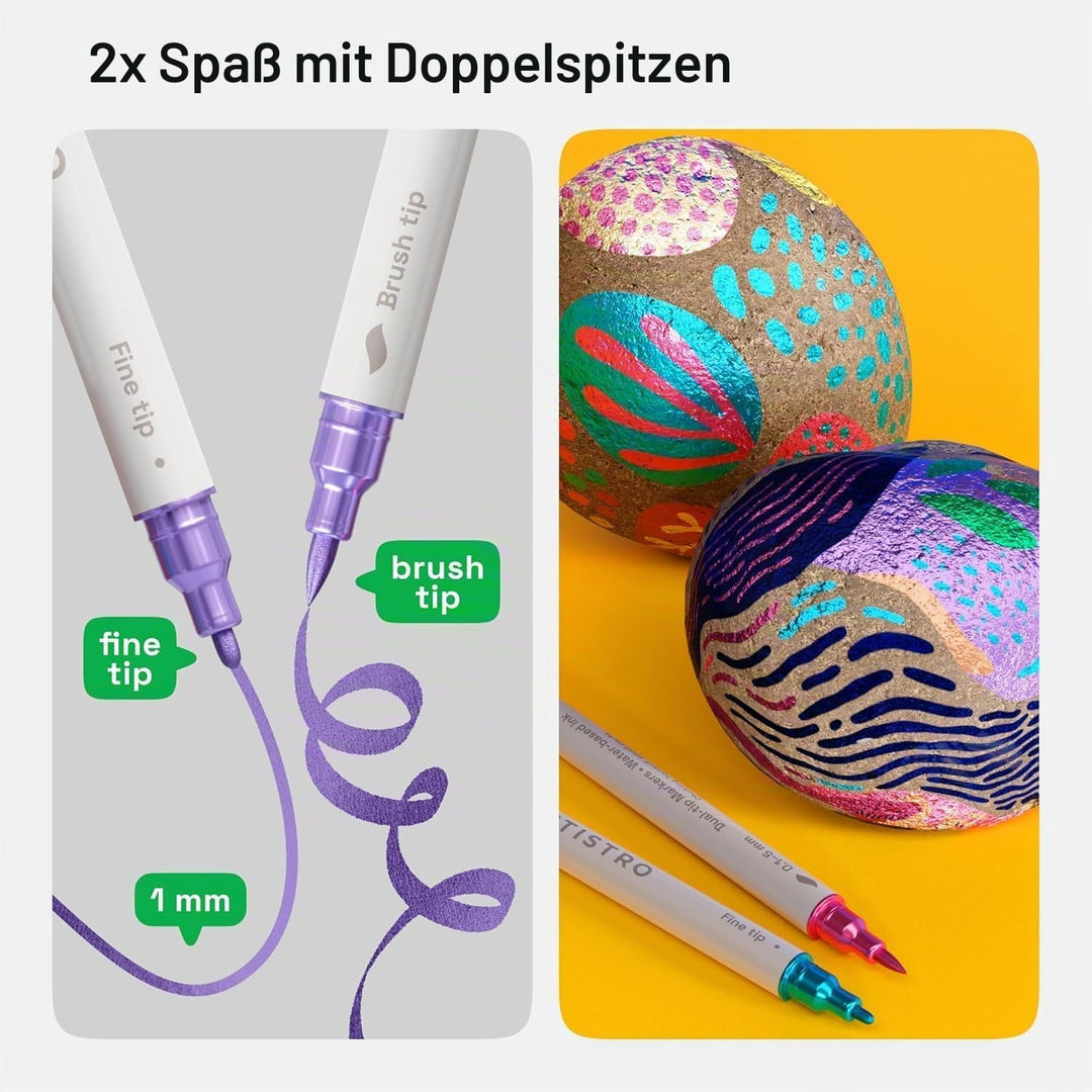 Artistro 24 Metallic Acrylstifte mit Doppelspitze (Pinsel & Feine Spitze), Mehrfarbig – Für Stoff, L