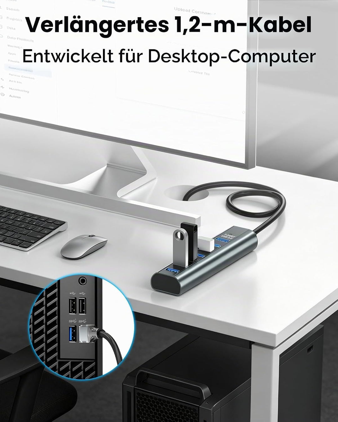 7-Port USB 3.0 Hub Verteiler mit 120cm Kabel für Desktop, 5Gbps USB Mehrfachstecker Splitter mit 5V