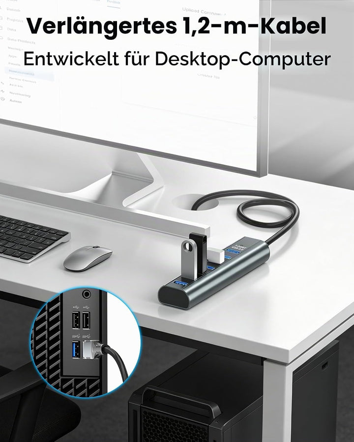 7-Port USB 3.0 Hub Verteiler mit 120cm Kabel für Desktop, 5Gbps USB Mehrfachstecker Splitter mit 5V