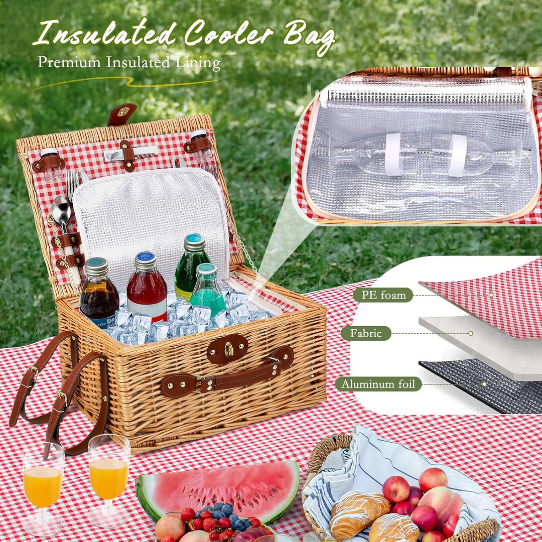 Weidenkorb für 4 Personen, Vintage Picknickkorb Set, mit Kühlfach, Wasserdichter Decke, Tellern, Glä