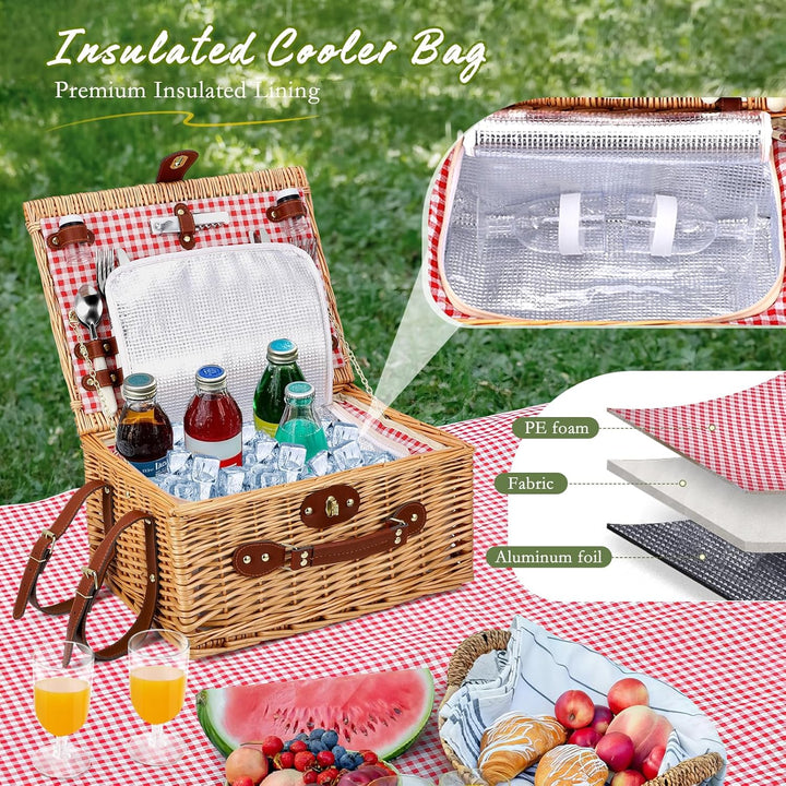 Weidenkorb für 4 Personen, Vintage Picknickkorb Set, mit Kühlfach, Wasserdichter Decke, Tellern, Glä
