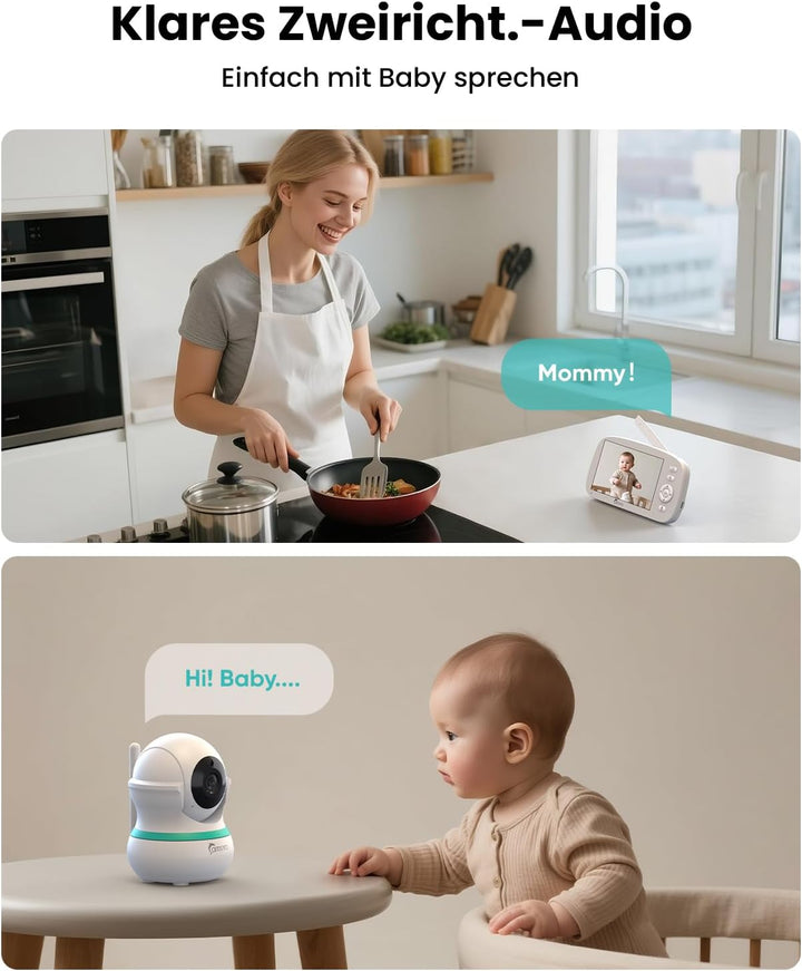 Babyphone mit 2 Kameras, 5000 mAh Akku mit 5 Zoll Bildschirm, 355° Schwenken- 4X-Zoom, Babyfone ohne