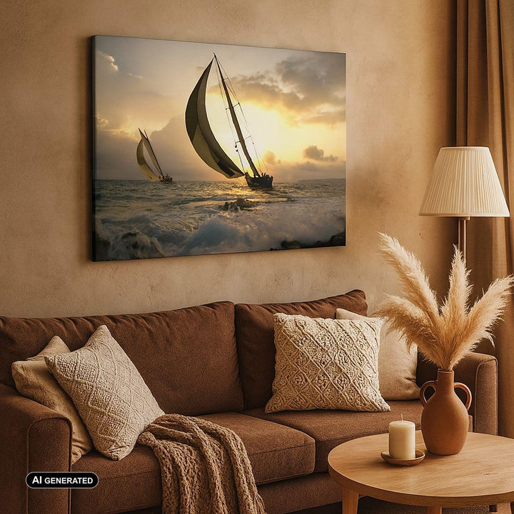 Bilder auf Leinwand 100x70cm Leinwandbild Schiff Sonnenuntergang Sonne Landschaft Gross Wanddeko Bil