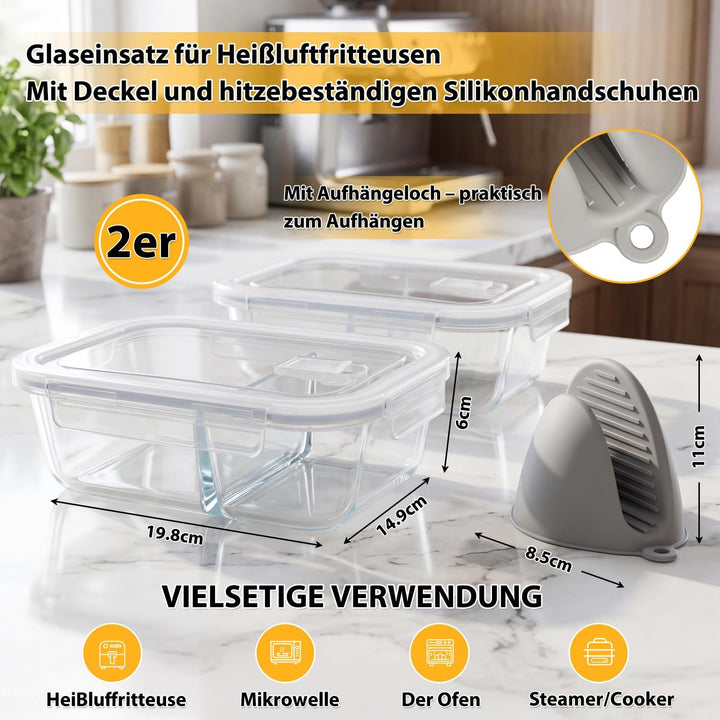 BYKITCHEN 2 Stück Glas Auflaufform für Airfryer mit Deckel & Silikon Ofenhandschuhe, Airfryer Zubehö