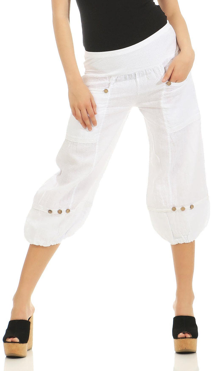 Malito Damen Hose aus Leinen | Stoffhose in Uni Farben | Freizeithose für den Strand | Chino - Capri