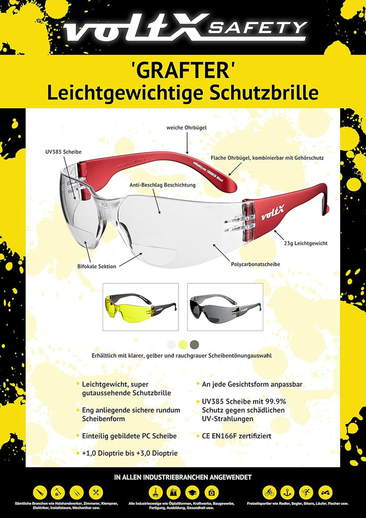voltX 3 x GRAFTER’ BIFOKALE Leichtgewichts Industrie Lesen Schutzbrille, Sportbrille für Radler (GEM