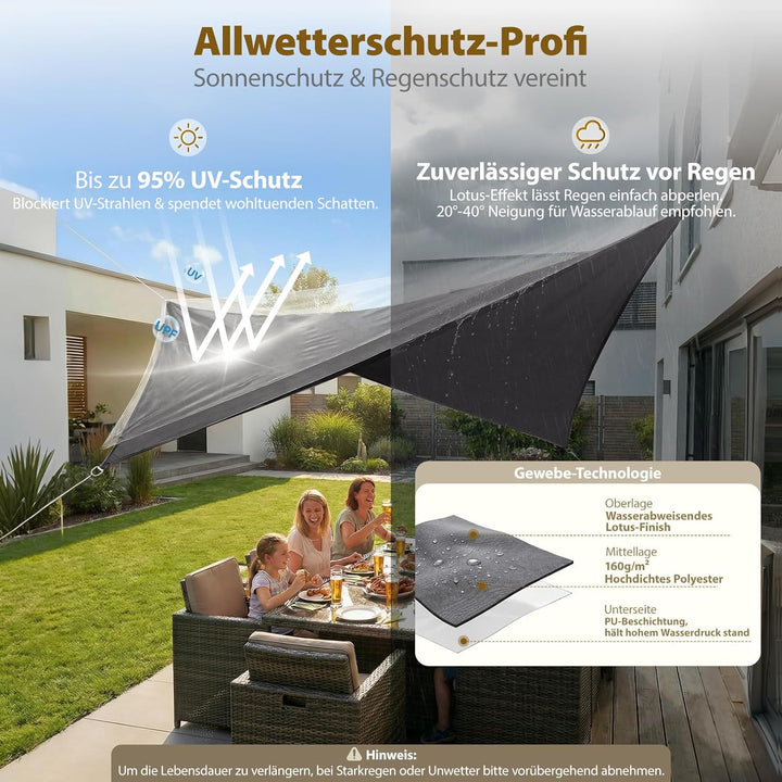 Sekey Sonnensegel Wasserdicht 3x4m Rechteckig, Sonnenschutz hochdichtes PES 160g/m² Wetterfest & Rei
