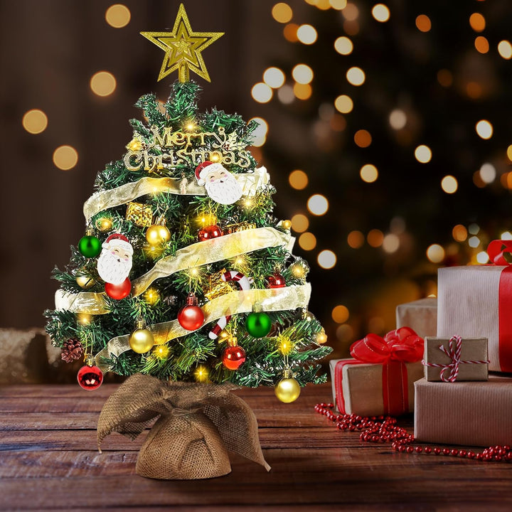 Mini Weihnachtsbaum mit Beleuchtung LED 60cm, Kleiner Tisch Weihnachtsbaum mit Kiefernzapfen Geschmü