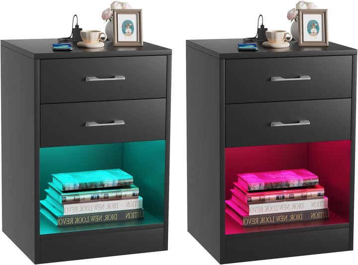 PIPIPOXER Nachttisch 2er Set mit Steckdose & USB, Moderner Nachtschrank mit Led, Nachtkommode mit 2