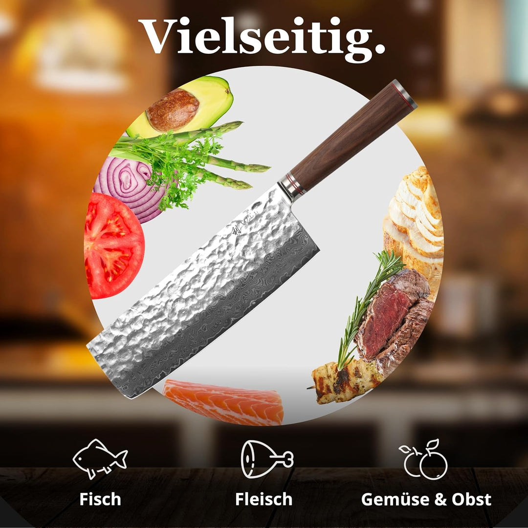 Wakoli Nussbaum Damastmesser Nakirimesser extrem scharfe 22,50 cm Klinge aus 67 Lagen I Damast Küche