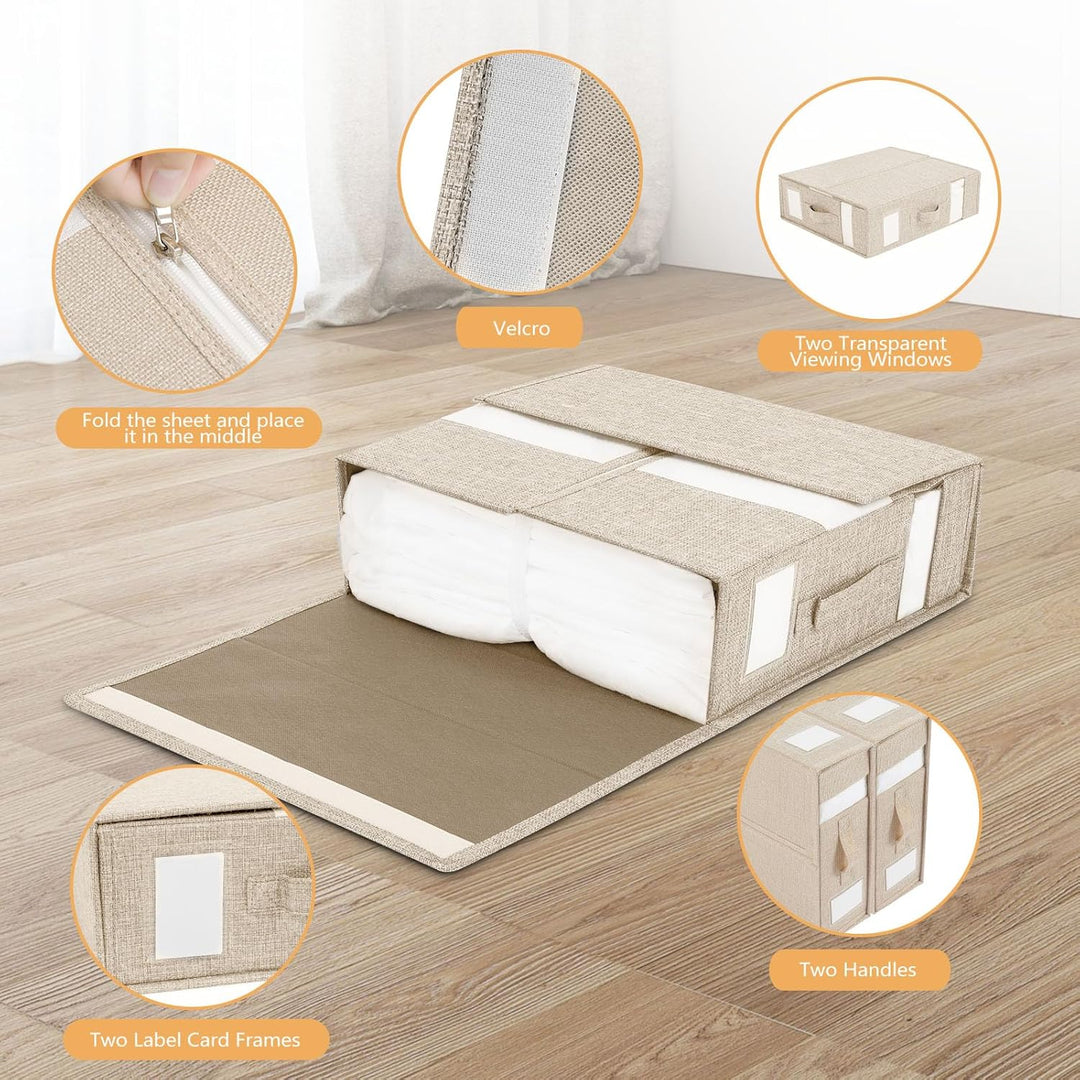 2er-Pack Faltbare Bettlaken Organizer mit klarem Fenster und verbessertem Griff, Beige Leinen Schran