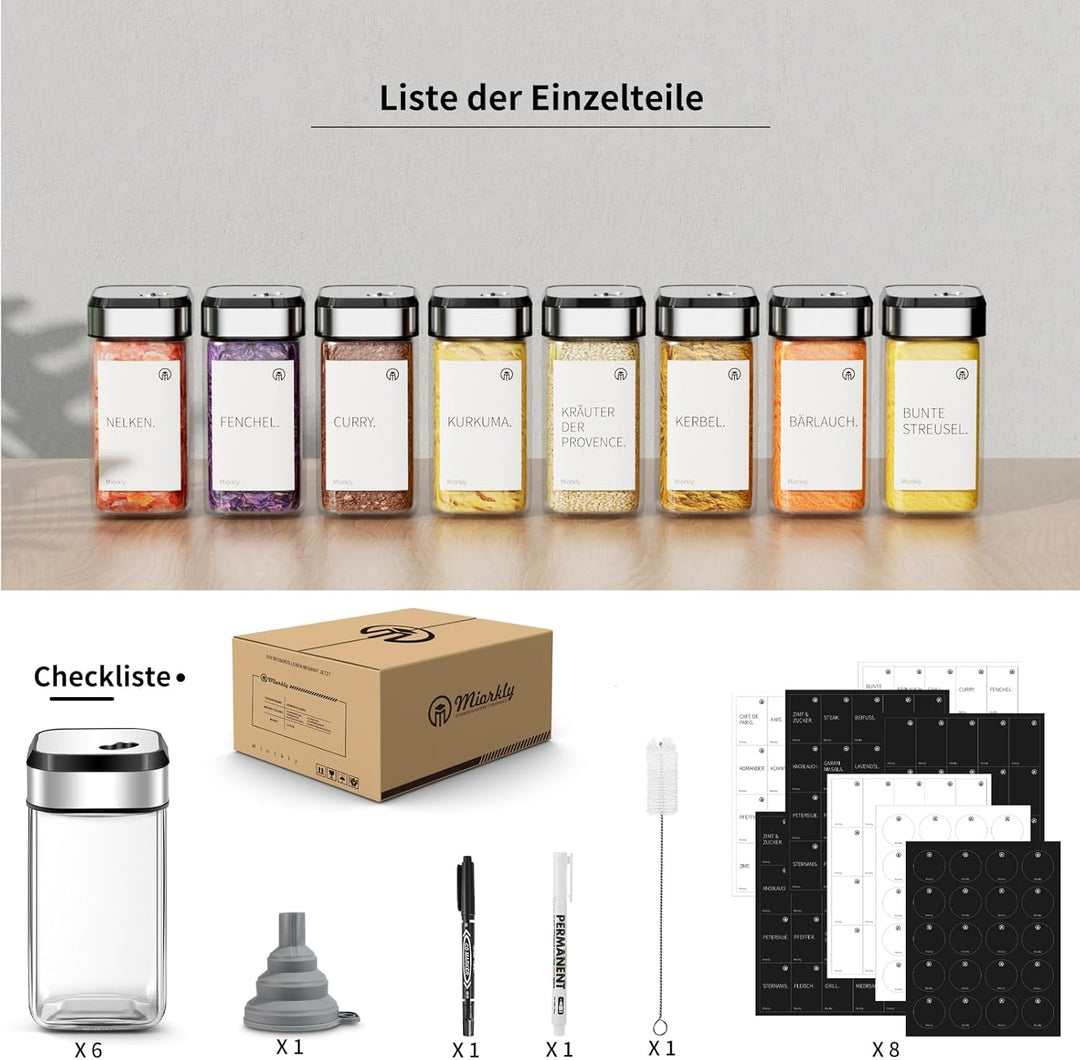 Miorkly Gewürzgläser Eckig mit Streueinsatz 6er, Gewürzstreuer Glas 120 ml-Gewürzdosen set-Gewürz Or