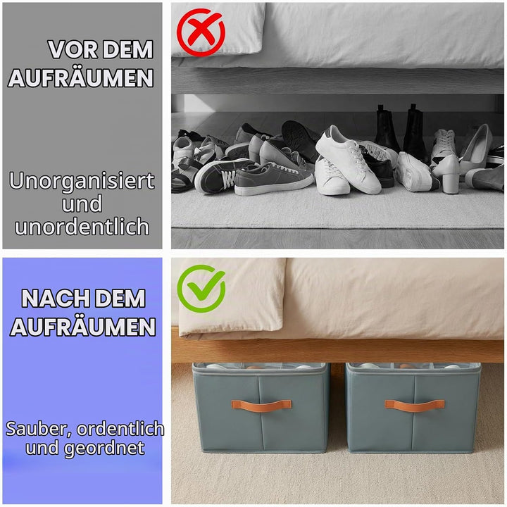 Schuhboxen Stapelbar 2er Set für 12–24 Paar, Faltbare Schuhaufbewahrungsbehälter, Griffe, Grossforma